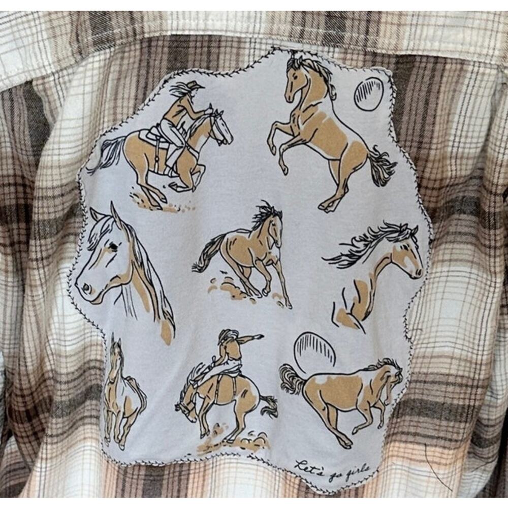 Horse Girl Plaid Flannel Shirt LARGE Oversized Unique Upcycled Cowgirl Western - Picture 2 of 6